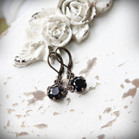 Black Cushion Cut Crystal Drop Earrings in Vintage Style
