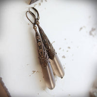 Long Smoky Frosted Gray Glass Drop Earrings in Art Deco