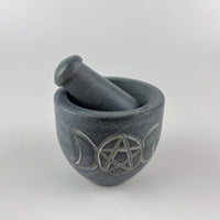Triple Moon Pentagram Carved Soapstone Mortar & Pestle 2.75"