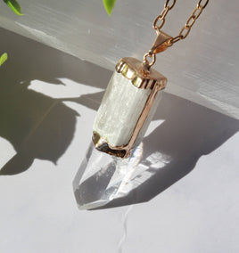 Selenite Pendant With Crystal Point Gold Plated