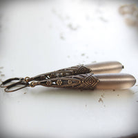 Long Smoky Frosted Gray Glass Drop Earrings in Art Deco