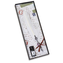 White Pewter Decorated Feather Nib Pen & Ink Set