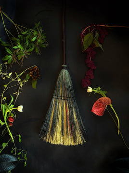 Witch Sweeper Broom - Black Ombré Wrap, Carved Ash Handle
