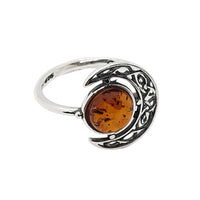 Celtic Cognac Amber Sterling Silver Moon Ring