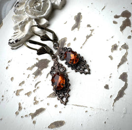 Petite Cognac Crystal Filigree Earrings in Vintage Style