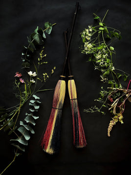 Altar Besom Broom (Short Handle) - Natural / Red / Black, Ash Handle