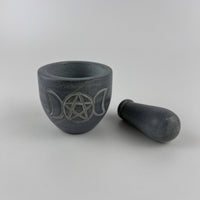 Triple Moon Pentagram Carved Soapstone Mortar & Pestle 2.75"