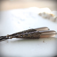 Long Smoky Frosted Gray Glass Drop Earrings in Art Deco