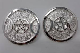 Triple Moon Pentagram Altar Tile Silver Plated Over Solid Brass 3"