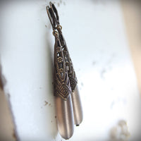 Long Smoky Frosted Gray Glass Drop Earrings in Art Deco