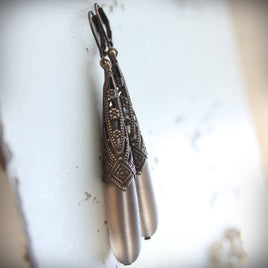 Long Smoky Frosted Gray Glass Drop Earrings in Art Deco
