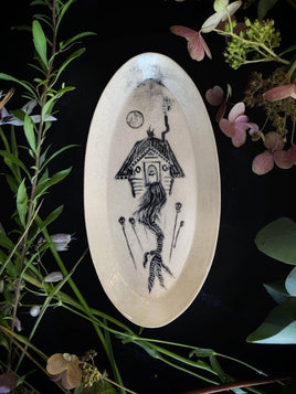 Baba Yaga Black Sgraffito Offering Plate - Oval 9.5 × 4.67"