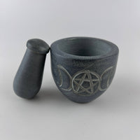 Triple Moon Pentagram Carved Soapstone Mortar & Pestle 2.75"