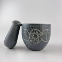 Triple Moon Pentagram Carved Soapstone Mortar & Pestle 2.75"