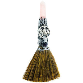 Rose Quartz & Raven Broom Wicca-Gemstone- 8"l