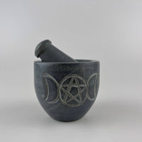 Triple Moon Pentagram Carved Soapstone Mortar & Pestle 2.75"