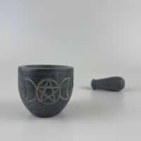Triple Moon Pentagram Carved Soapstone Mortar & Pestle 2.75"