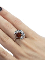 Celtic Cognac Amber Sterling Silver Moon Ring