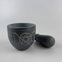 Triple Moon Pentagram Carved Soapstone Mortar & Pestle 2.75"