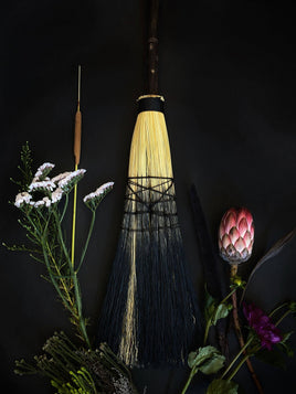 Pentacle Big Boss Witch Sweeper Broom - Black Ombré Wrap, Carved Ash Handle