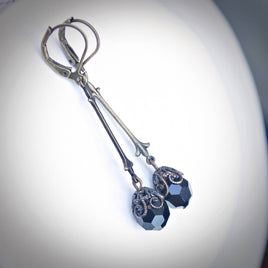 Long Jet Crystal Drop Earrings
