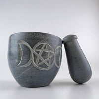 Triple Moon Pentagram Carved Soapstone Mortar & Pestle 2.75"